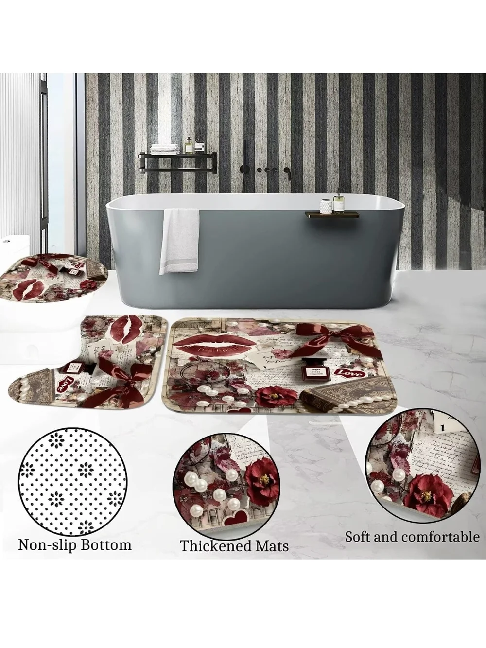 Vintage Romance Red Bath Set with Shower Curtain and Rugs